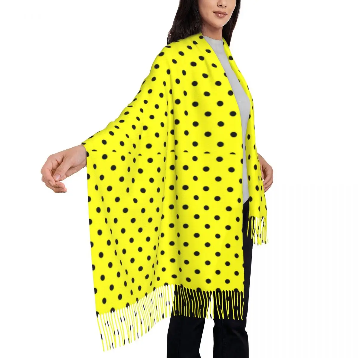 Women Scarf Warm Polka Dots Print Scarves Wraps with Tassel Black and Yellow Retro Shawls Wrpas Autumn New Design Bufanda