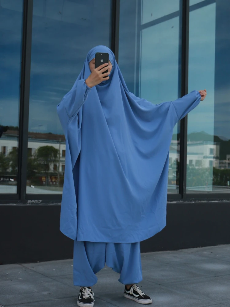 Eid muzułmańskie kobiety długi Khimar modlitwa odzież 2-częściowy zestaw Abaya sukienka + spodnie haremowe pełna pokrywa Ramadan Kaftan Djellaba