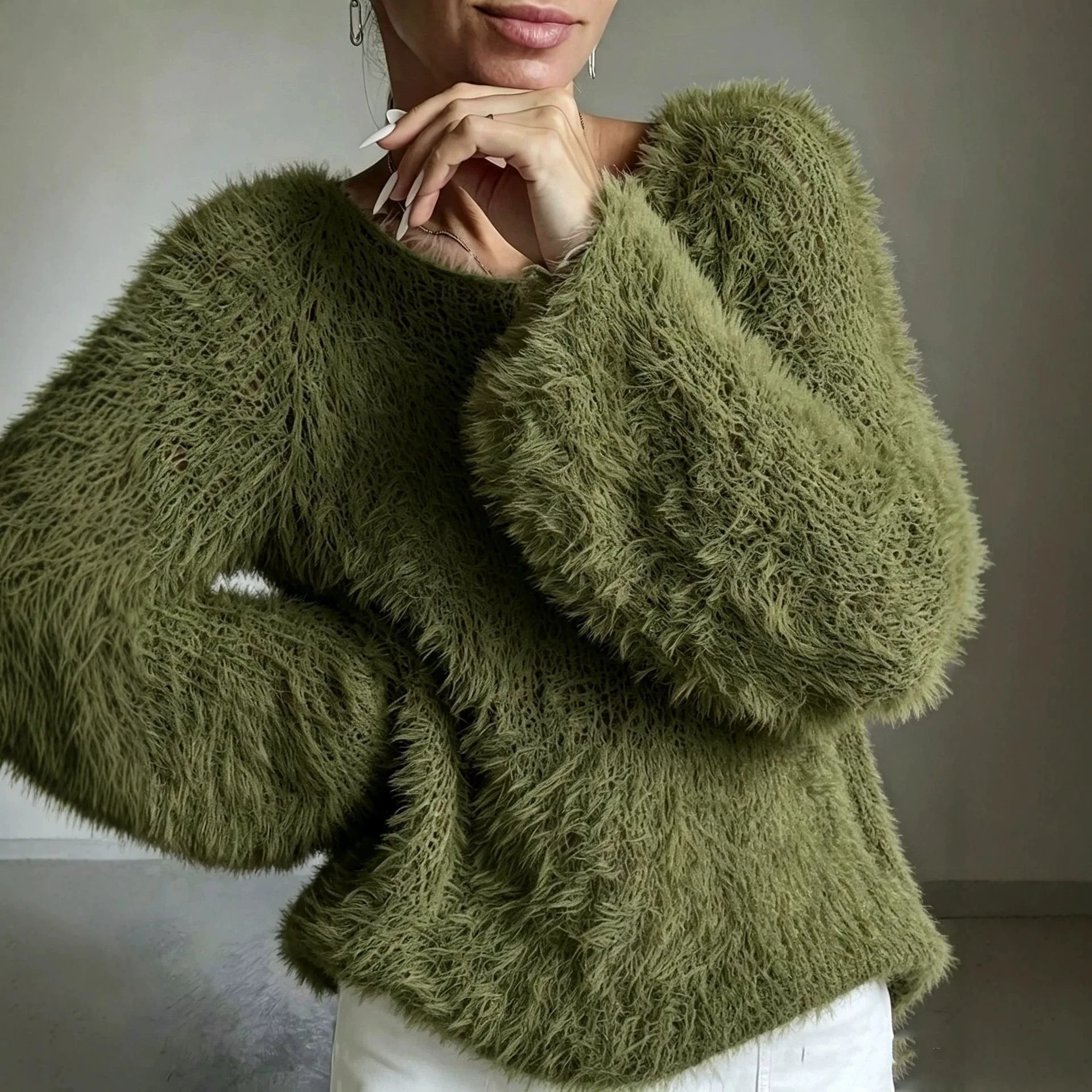 Women Soft Fluffy Fuzzy Knit Sweater, Solid Color Crew Neck Long Sleeve Loose Fit Gentle Furry Pullover Top view 3