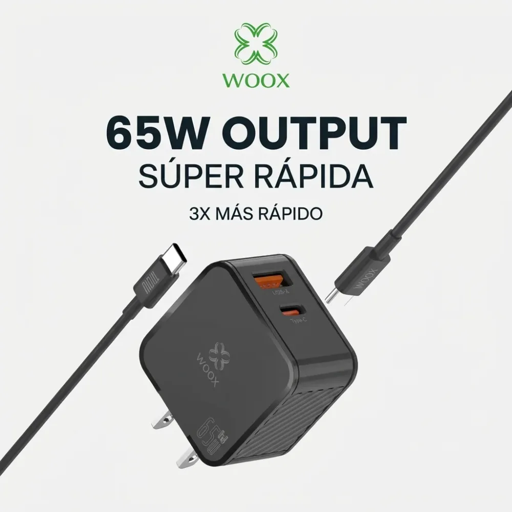 Cargador Rápido GaN USB C de 65W Woox, 2 Puertos Compactos (Usb-C Pd y Usb-A) con Cable de 100w para Iphone 16 17, Teléfono Android, Laptop