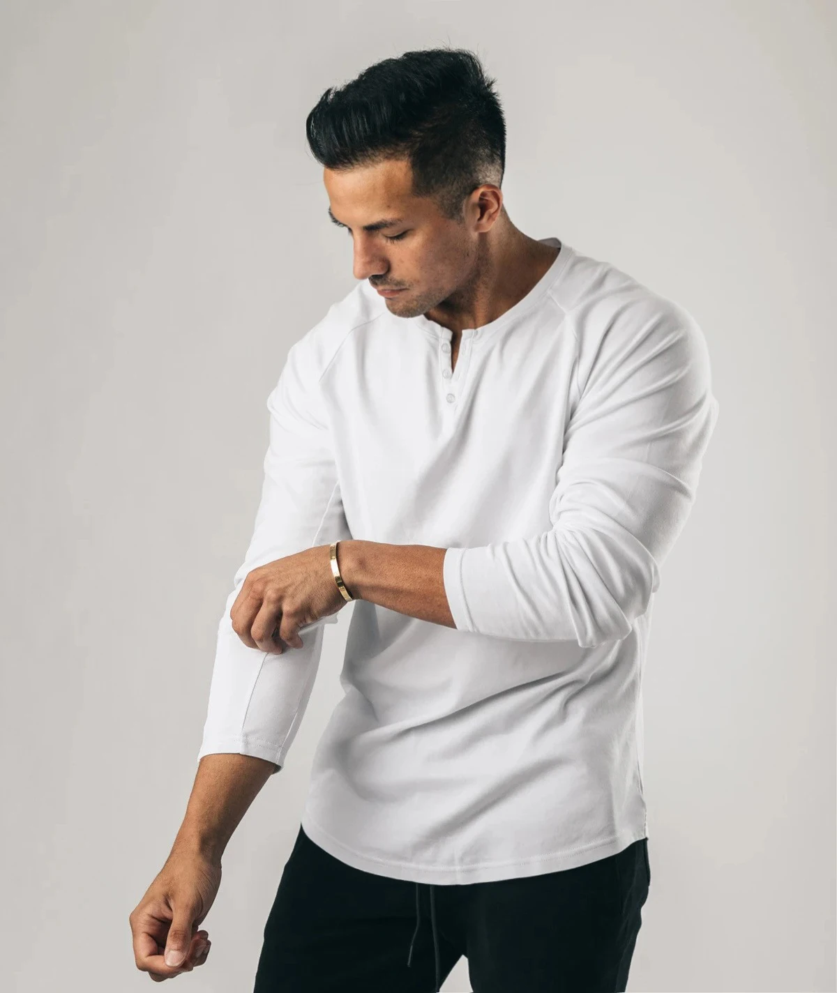 Men Muscle Shirt Long Sleeve T-shirt Solid Vintage Henley Shirts Sports Fitness Casual Cotton Stretch Thin V-neck Tee