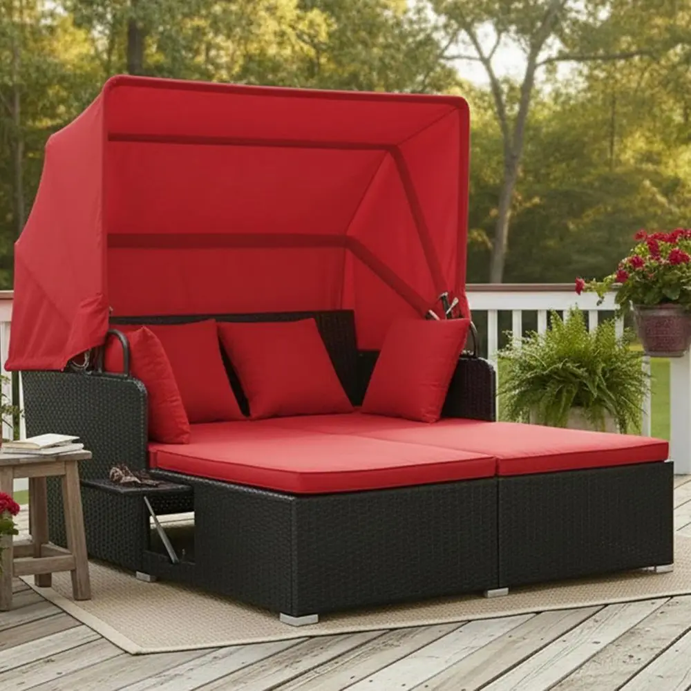 Patio Rattan Daybed with Retractable Outdoor Wicker Sunbed Lounger, 2 Foldable Side Tables, Thick Seat & Back Cushions, Double D