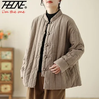 THHONE 여성용 가을 겨울 재킷 파카, 2024 캐주얼 단색 두꺼운 패딩 재킷, 한국 루즈 중국 스타일 코트, 겉옷