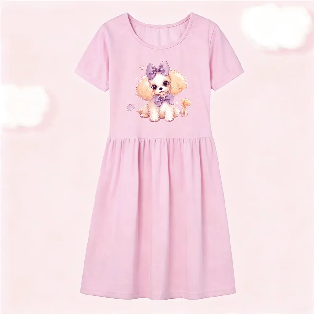 Toddler Girls Short Sleeve Cotton T-shirt Dress Cute Bow Poodle Puppy Print Round Neck Gathered Midi Dress Casual Home Clot