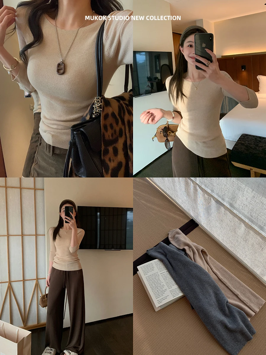 MUKOK Wool Knitted Sweater Fashionable Simple round Neck Slim Long Sleeve mid Sleeve Versatile Top Women's Soft Polyester Blend