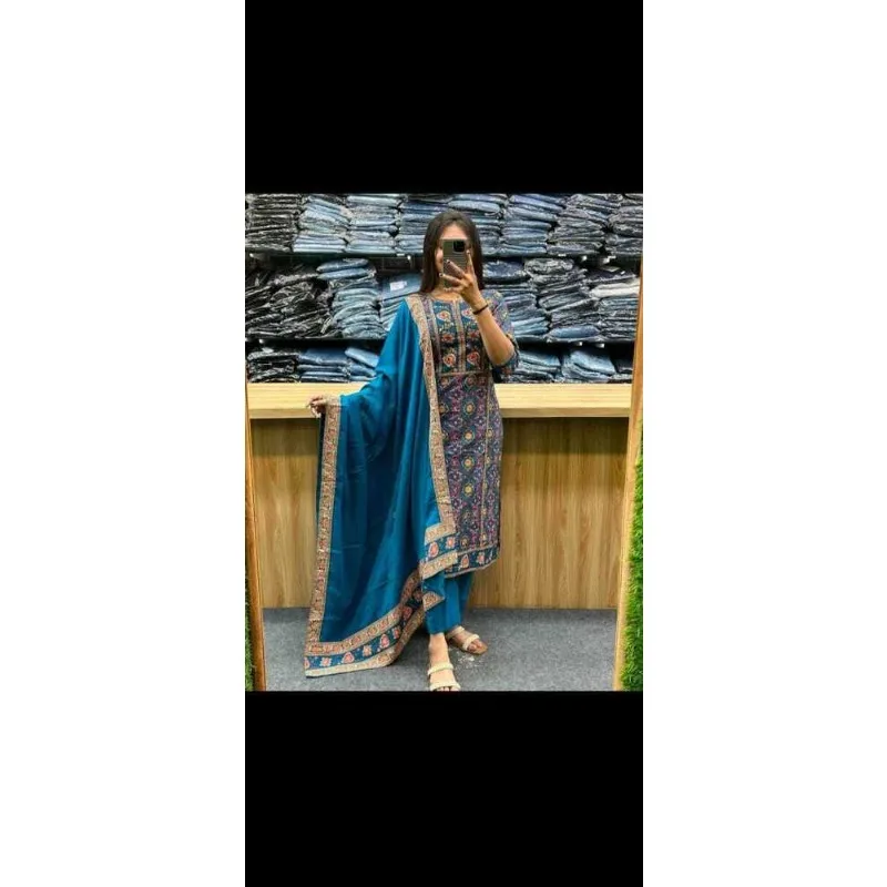 Blue Color Printed Kurta Palazzo with Dupatta Set Women Salwar Kameez Suit Dress