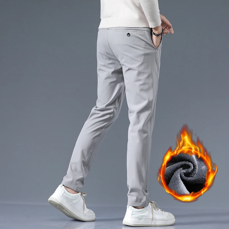 Men Winter Fleece Golf Casual Pants Stretch Business Jogger Slim Velvet Trousers Korean Elastic Waist Fashion Male Thick Pants