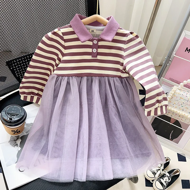 

Laura Kors 2023 Winter New Girls Dress Long Sleeve Turn-down Collar Striped Mesh Purple Girls Dress Vestido 4-7T