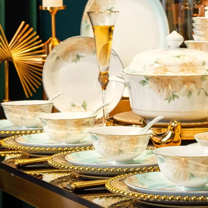 2025 New Jingdezhen Bone China Tableware Set For Home Use High-end Chinese-style Bowl Plate Set Wedding Gift Box Light Luxury