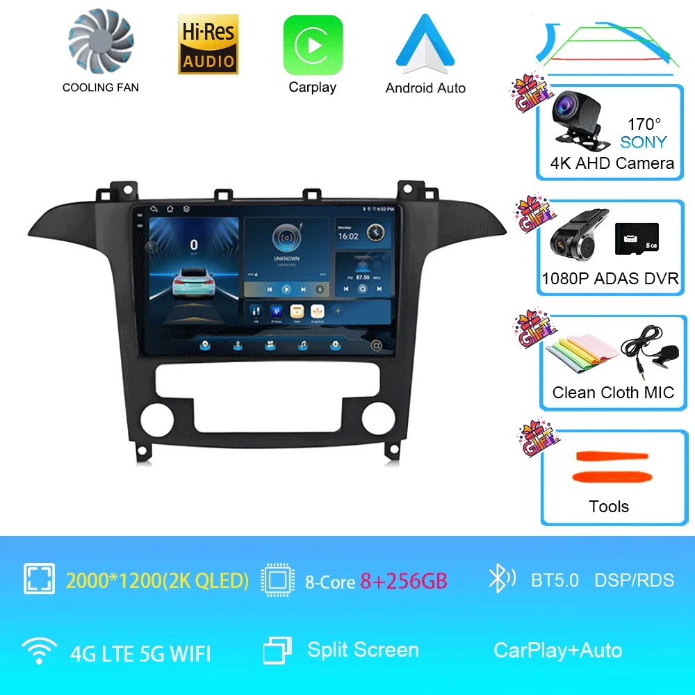 Android 16 voor Ford S-Max S-MAX 2007 2008 2009 2010 2011 - 2015 Videospeler Carplay Auto Multimedia Autoradio WIFI+4G DSP Stereo