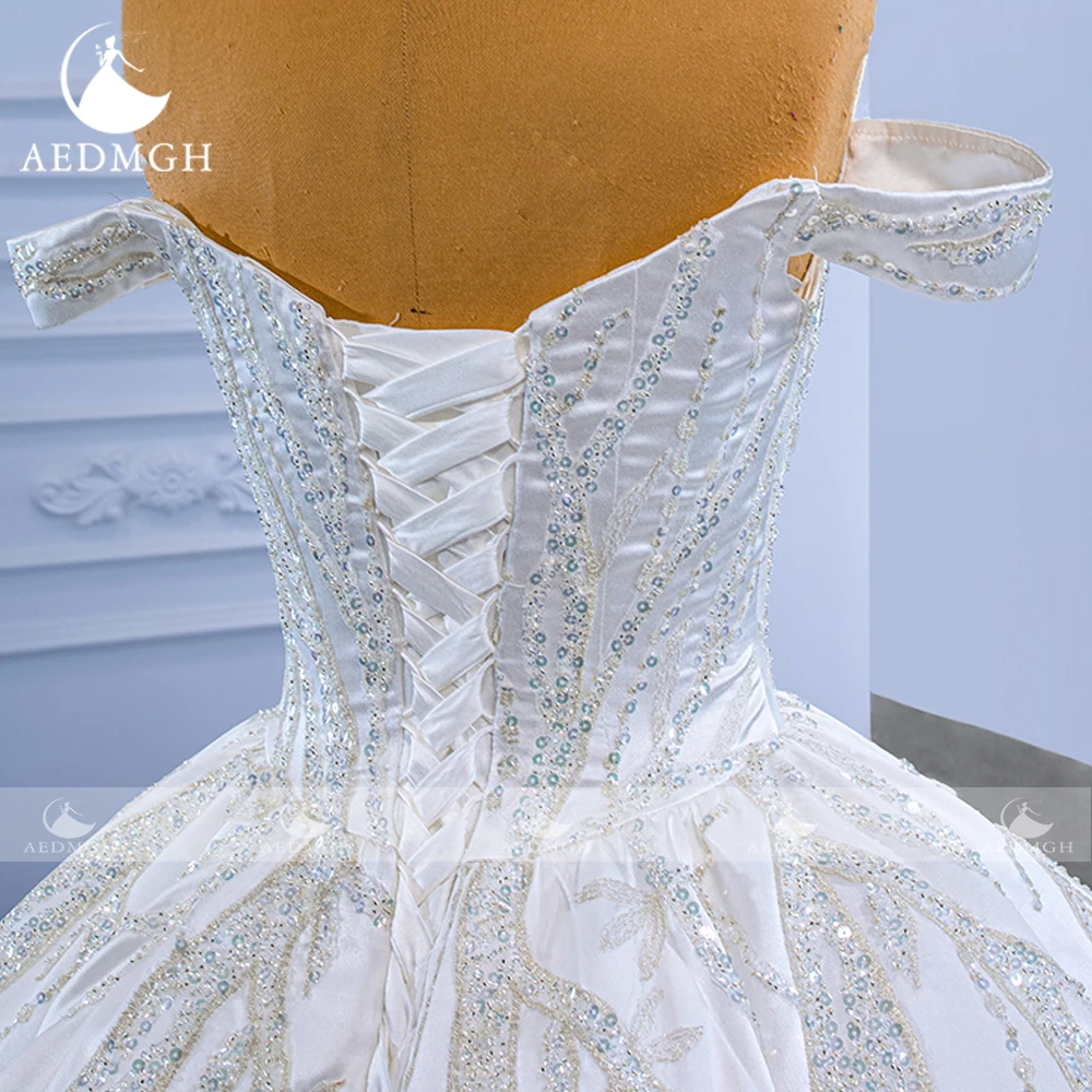 Aedmgh Ball Gown Abiti da sposa in raso Sweetheart con spalle scoperte Semplice Vestido De Novia Abito da sposa su misura con paillettes in pizzo