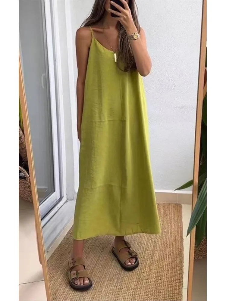 

Summer Loose Spaghetti Strap Midi Dresses Women Solid V-neck Casual Commuting Sleeveless Long Dress Female Fashion New Vestidos