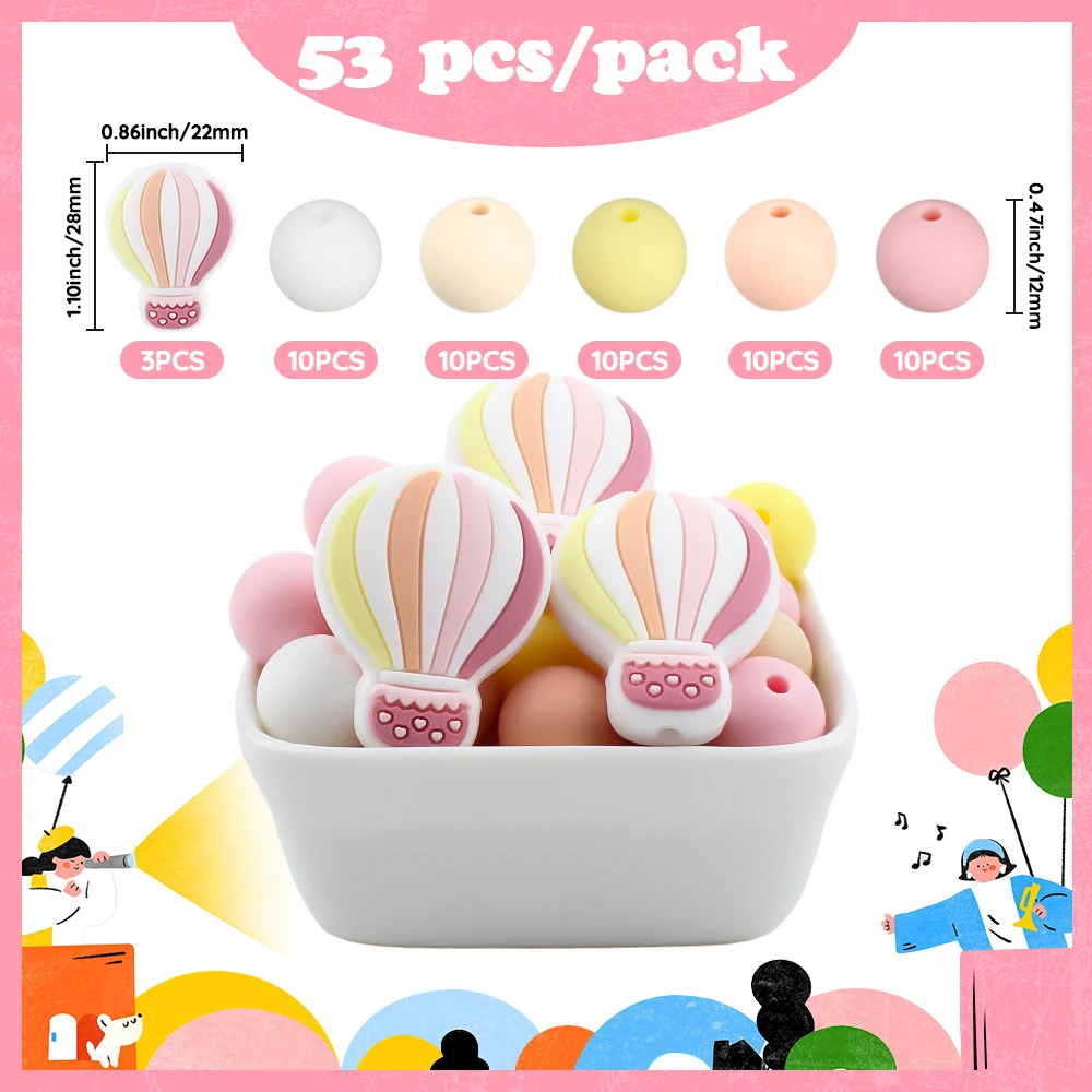 ジュエリー作り用の丸いシリコンビーズのセット,熱気球の形をしたビーズ,自分でできるネックレス,キーホルダー,ブレスレットのアクセサリー,53個。