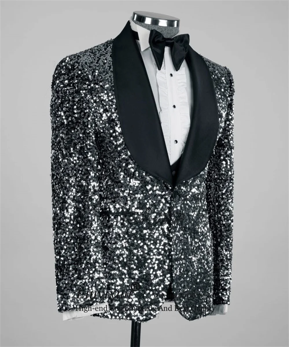 Shinny Sequins Wedding Suits For Men Slim Fit Shawl Lapel Groom Tuxedos Dance Male Blazers Customized 3 Piece Sets Costume Homme