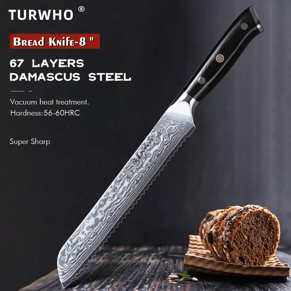 TURWHO 8-inch Bread Knife Damascus Steel Professional Chef Knife Cutting Cheese Toast Cake Baking Serrated Knives Kitchen Tools