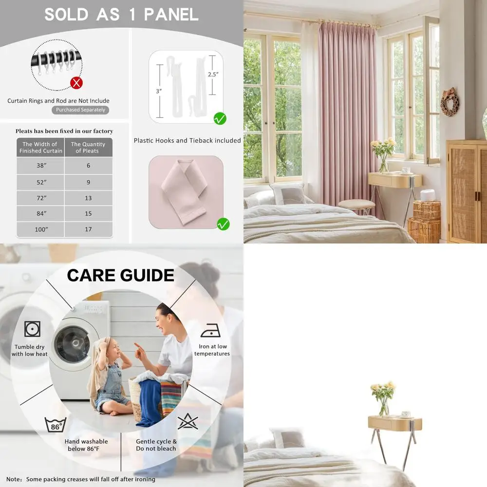 

Длинные шторы с плиссировкой 96 дюймов, нежно-розовые, с крючками, затемняющие, термоизоляционные, для карнизов Traverse, 52 Ш x 96 Д (1 панель)