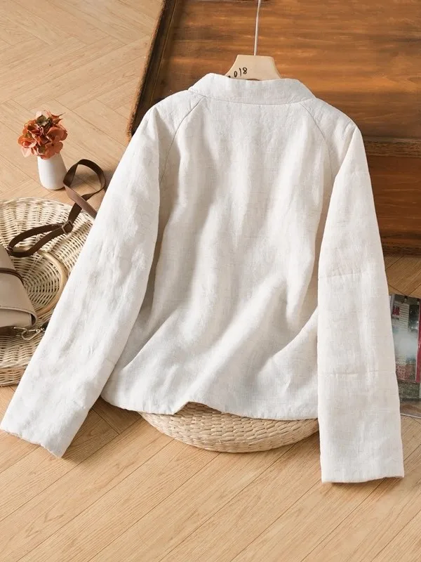 سترة قطنية سميكة بياقة عالية مقاومة للرياح بأسلوب فني للنساء، ملابس قطنية للخريف والشتاء بأكمام طويلة وزر واحد