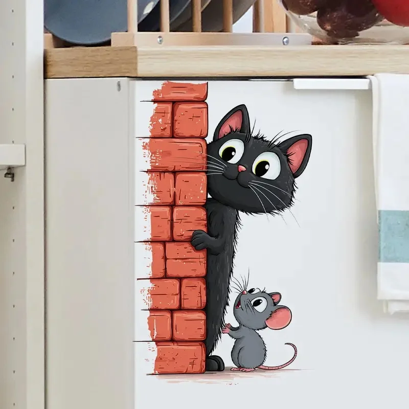 Black Cat & Grey Mouse Toilet Stickers, Bright Bathroom for Home Decoration, Vinyl Decals, Art Wall Paper, Outdoor Indoor Use