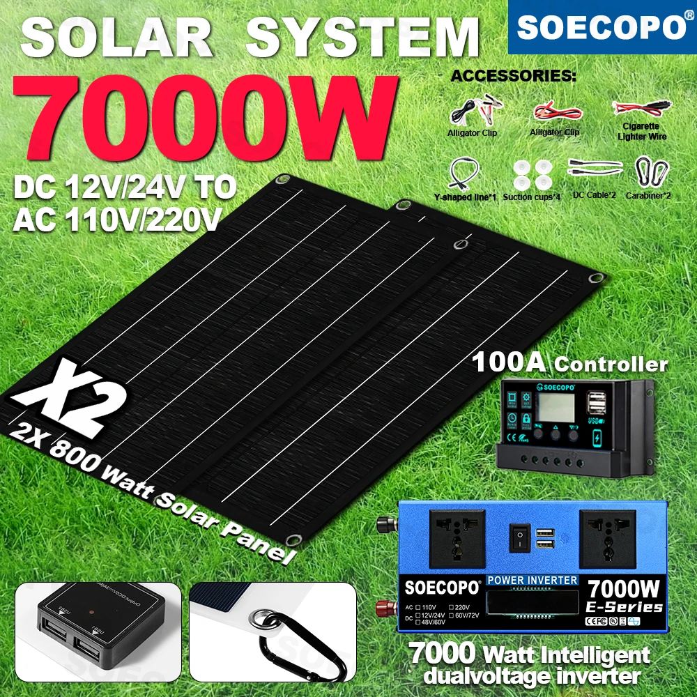 

SOECOPO 7000W Solar System Kit 2*800W Solar Panels Inverter (DC 12V/24V to AC 110V/220V) 100A Controller Home Camping