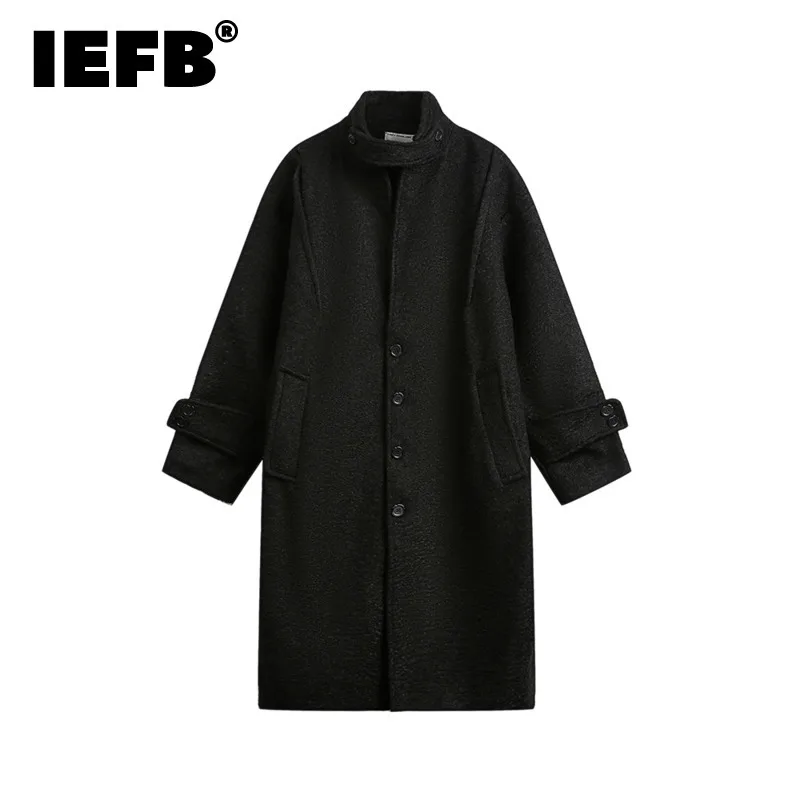 

IEFB Korean Version Men's Woolen Overcoats Casual Single Btrasted Stand Collar Solid Color Loose Male Windbreakers Tide CPG2234