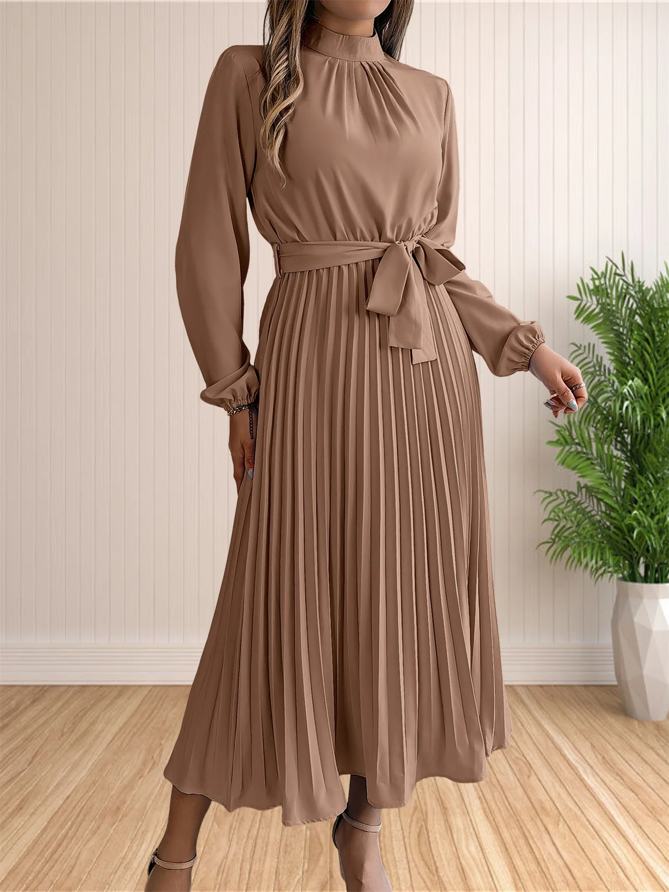 Women's Long Dresses Summer Elegant Pleated Long Sleeveed Lace Up Dresses Beach Boho Wrap Ruffle Hem Swing Sundress