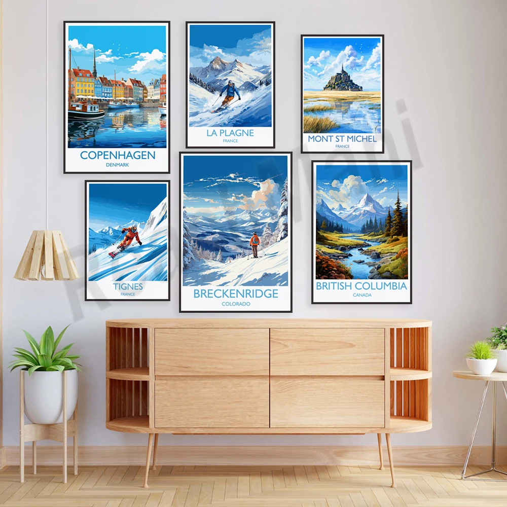 La Plagne skiing, Mont Saint Michel, British Columbia, Dartmouth, Goa, India, Breckenridge, Land's End, Padstow travel poster