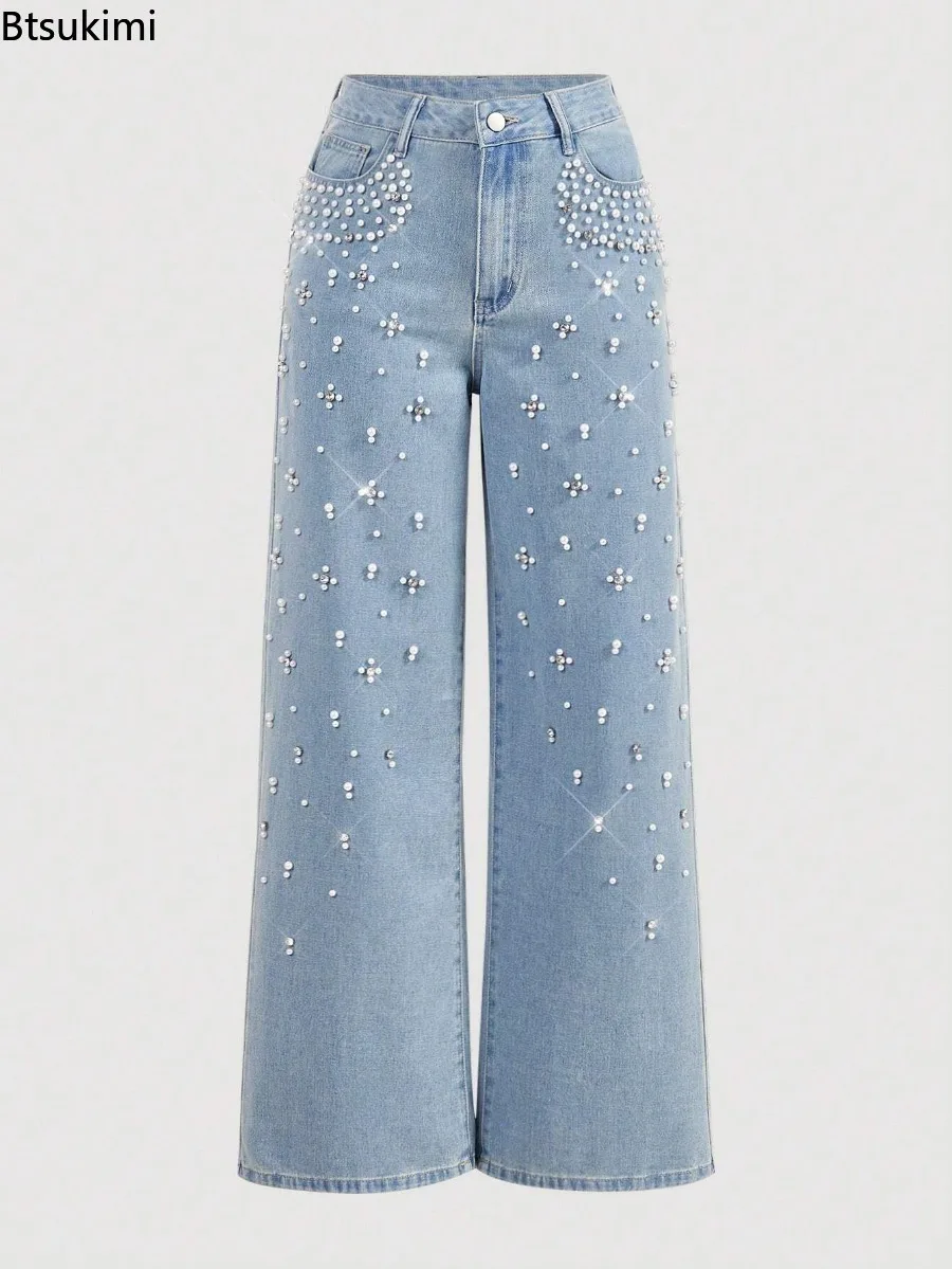 2026 Slimming Effect Loose Fit Straight Leg Jeans for Women Beaded Long Trousers High Waist Zipper Style Casual Urban Elegant