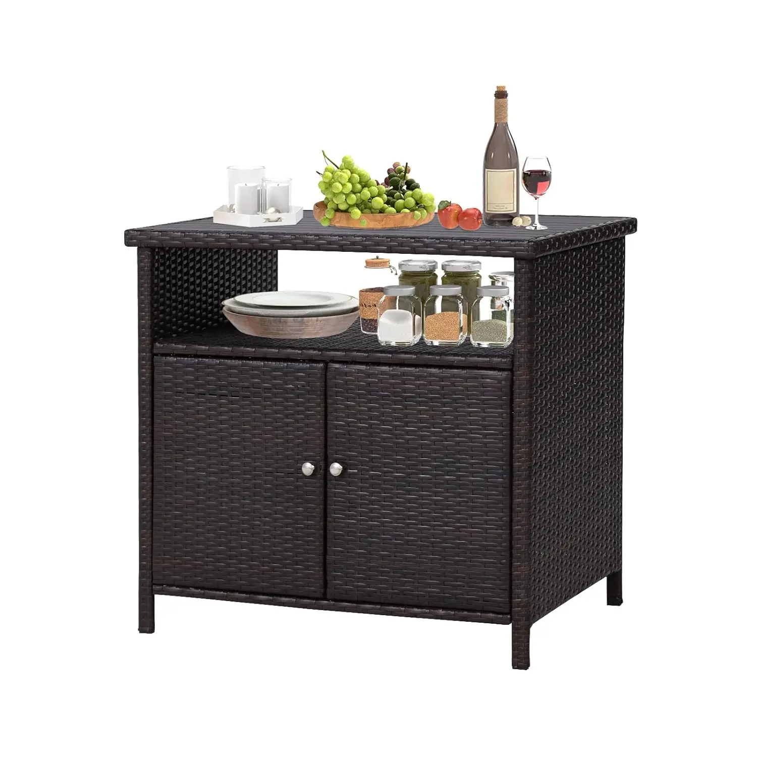 

Outdoor Wicker Storage Cabinet - Patio Bar Table with Storage and Doors, Rattan Console Table Buffet Cabinet, Outdoor Storage Un