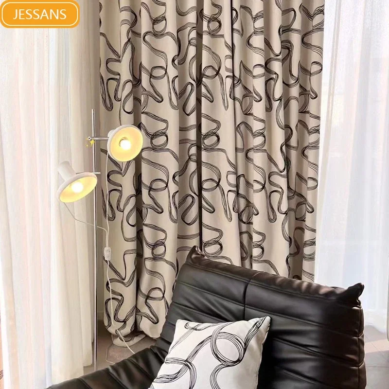 Geometric Lines Flannelette Jacquard Thickened Blackout Curtains for Living Room Bedroom Bay Window French Window Finished