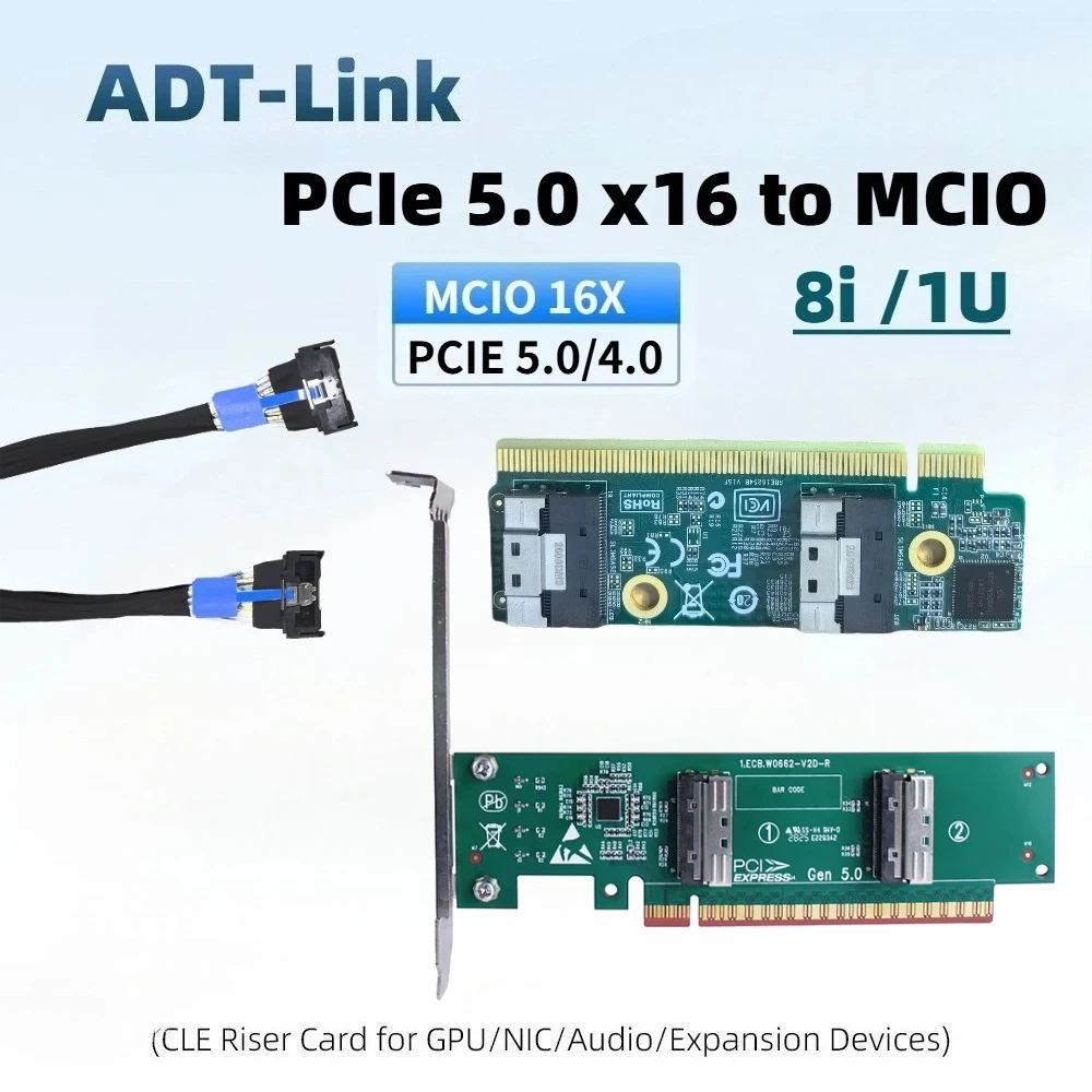 

PCIe 5.0 4.0 16x To MCIO 8i Split Riser Card SlimSAS 8654 Adapter Motherboard for Server 1U GPU External Expansion X8 / X16 Mode