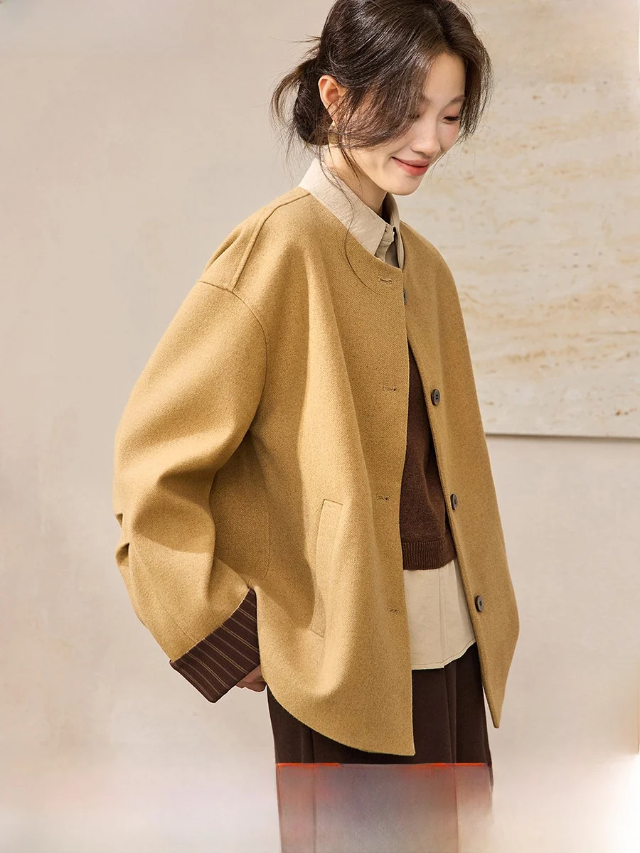 

Fene Vintage Sle Long Sve ort Coat with Color Colion Loose Fit Warm Polyester Blend Fabric for Women