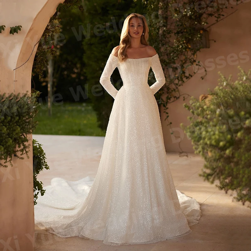 Glitter uma linha vestidos de casamento feminino fora do ombro manga longa vestidos de novias de boda vestidos de noiva personalizados