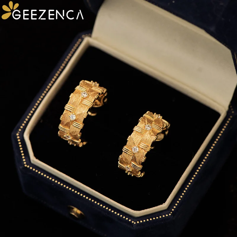 GEEZENCA Minimalistic Luxury 925 Silver 5A Zircon Hoop Earrings For Women Brushed Craft Woven Pattern C Shaped Earring 2024 New