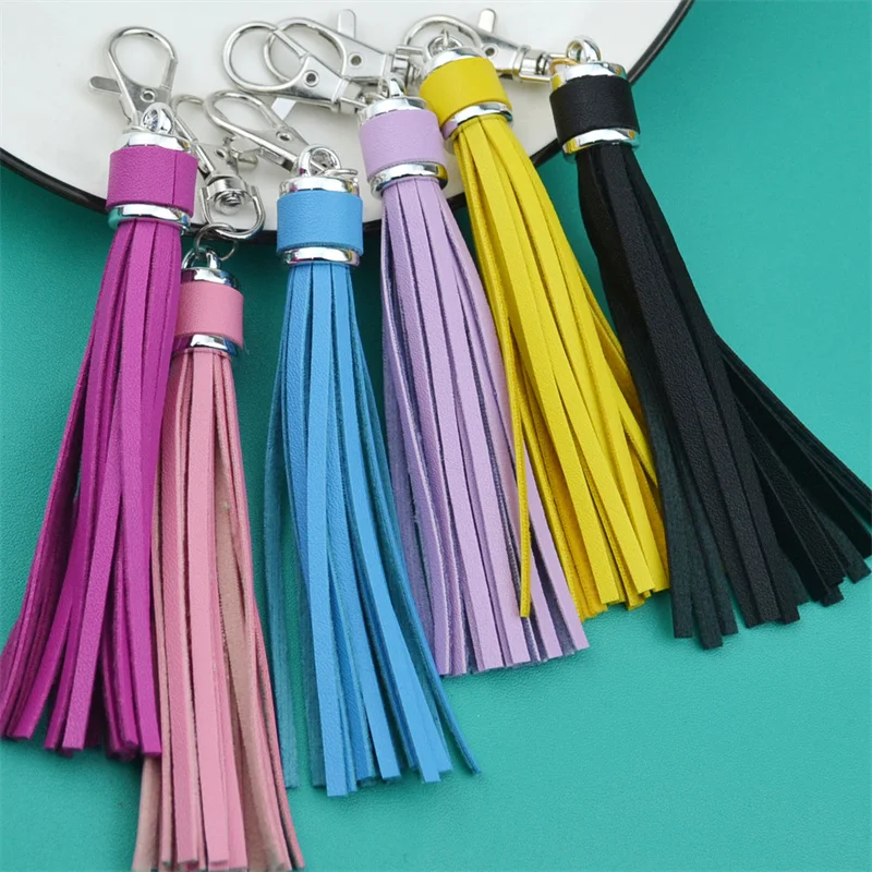 WFFNNKC 4-6Pcs Faux PU Leather Tassel Pendants Women Men Key Chain Silver Lobster Holders DIY Decorate Fashion Jewelry Accessory