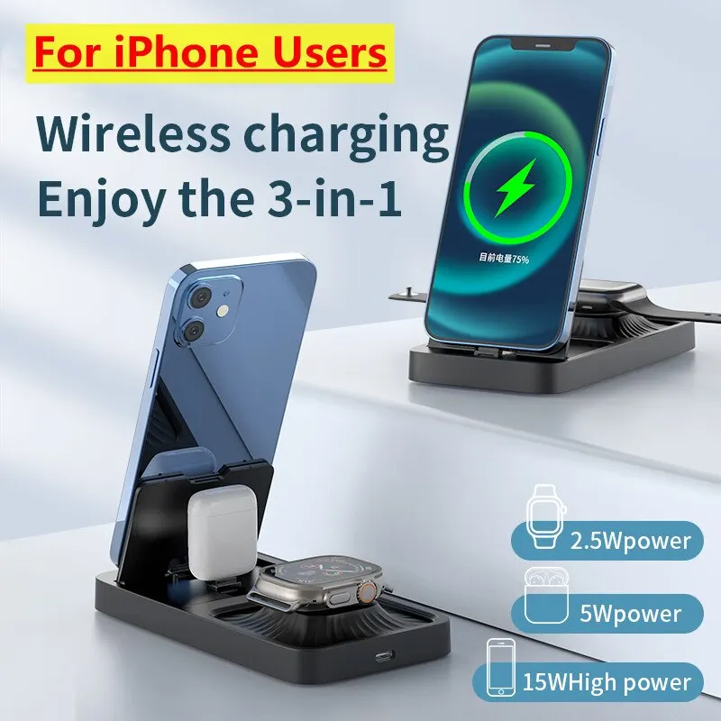 3 In 1 Wireless Charger Stand Pad Foldable Fast Charging Station Dock for iPhone 15 14 13 12 11 X Apple Watch 8 7 6 Airpods Pro