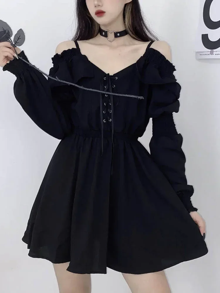 2024 Large Size Gothic Women Black Mini Dress Sexy Off Shoulder High Waist Tunic Ladies Party Dress Long Sleeve V Neck Vestidos