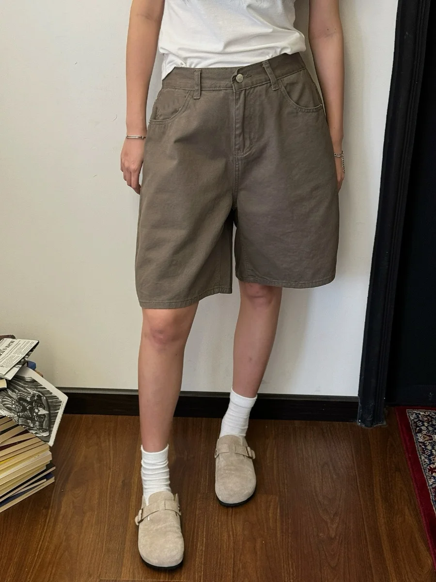 

American Retro Coffee Color Hong Kong Sle Wide Leg Five Parts Casual Jeans orts Men Women Loose Straight Cut orts