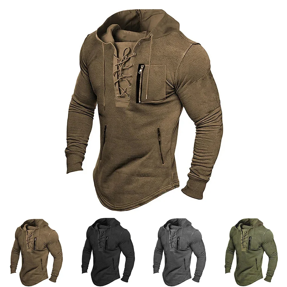 Sports Activity Lace Up Sweatshirt Long Sleeve Hoodie For Men Pockets Long Sleeve Polyester Fabric Solid Color