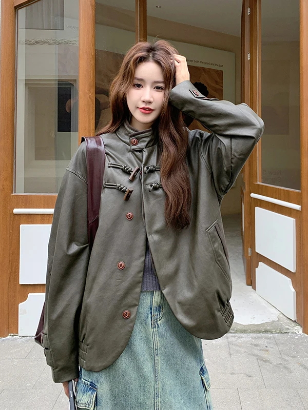 Cool ort PU Leather Jaet Women's Stand Collar Cow Horn Button Spring Autumn 2025 New Unique Faionable Leather Coat