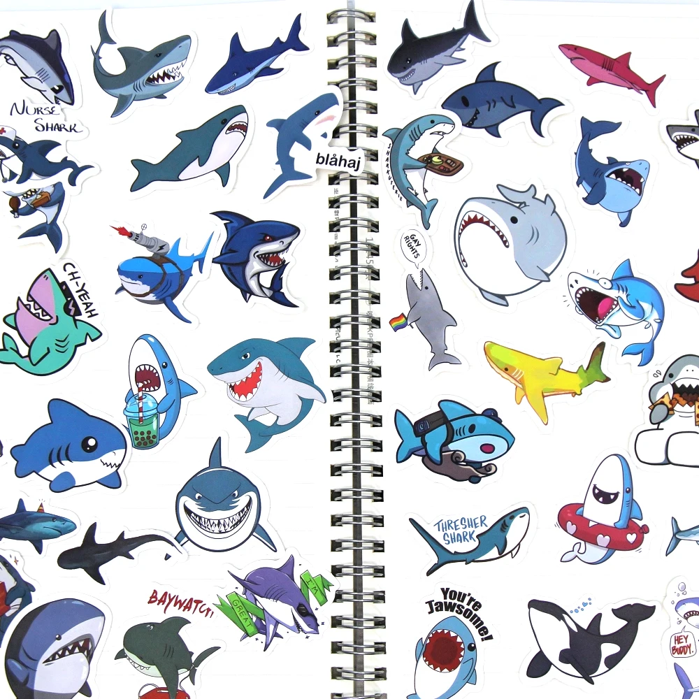 10/100p Sharks Ocean Fish Kawaii Stickers Toys Cute Cartoon Decals For Kids DIY Laptop Scrapbook Stationery Fridge Funny Sticker