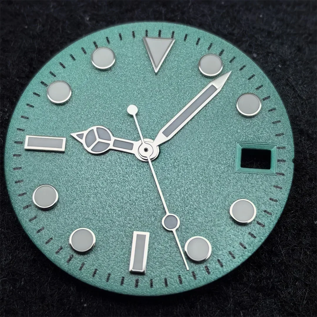Циферблат часов NH35 и стрелки часов, костюм 28,5 мм, матовый циферблат с поверхностью, зеленые светящиеся аксессуары для часов, подходят для механизма NH35/NH36
