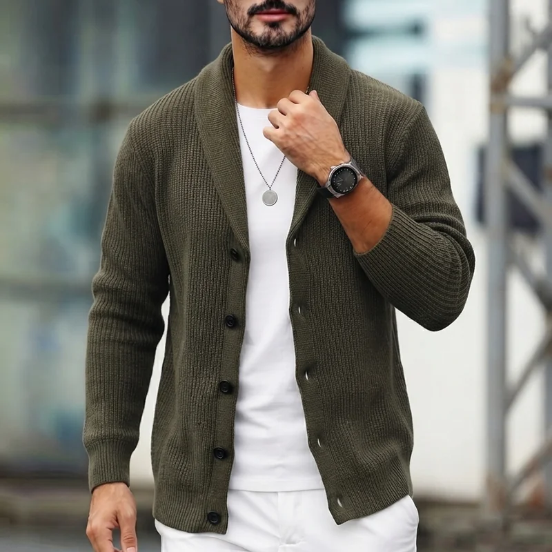 Autumn Winter Men's Shawl Collar Sweater Solid Color Cable Knit Cardigan Fashion Casual Button-Up Cardigan Knitwear Sweater Coat