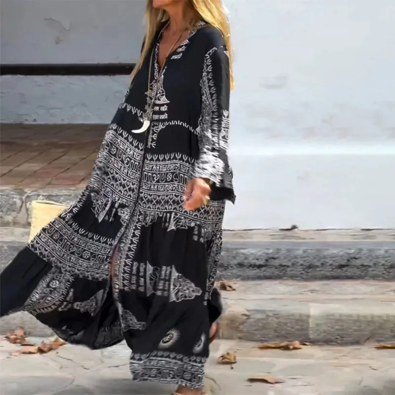 Elegant Shirt Dress Ethnic Print Bohemian Dress for Women Vintage Long Sleeve V Neck Loose Vacation Festival A-line Flowy Dress