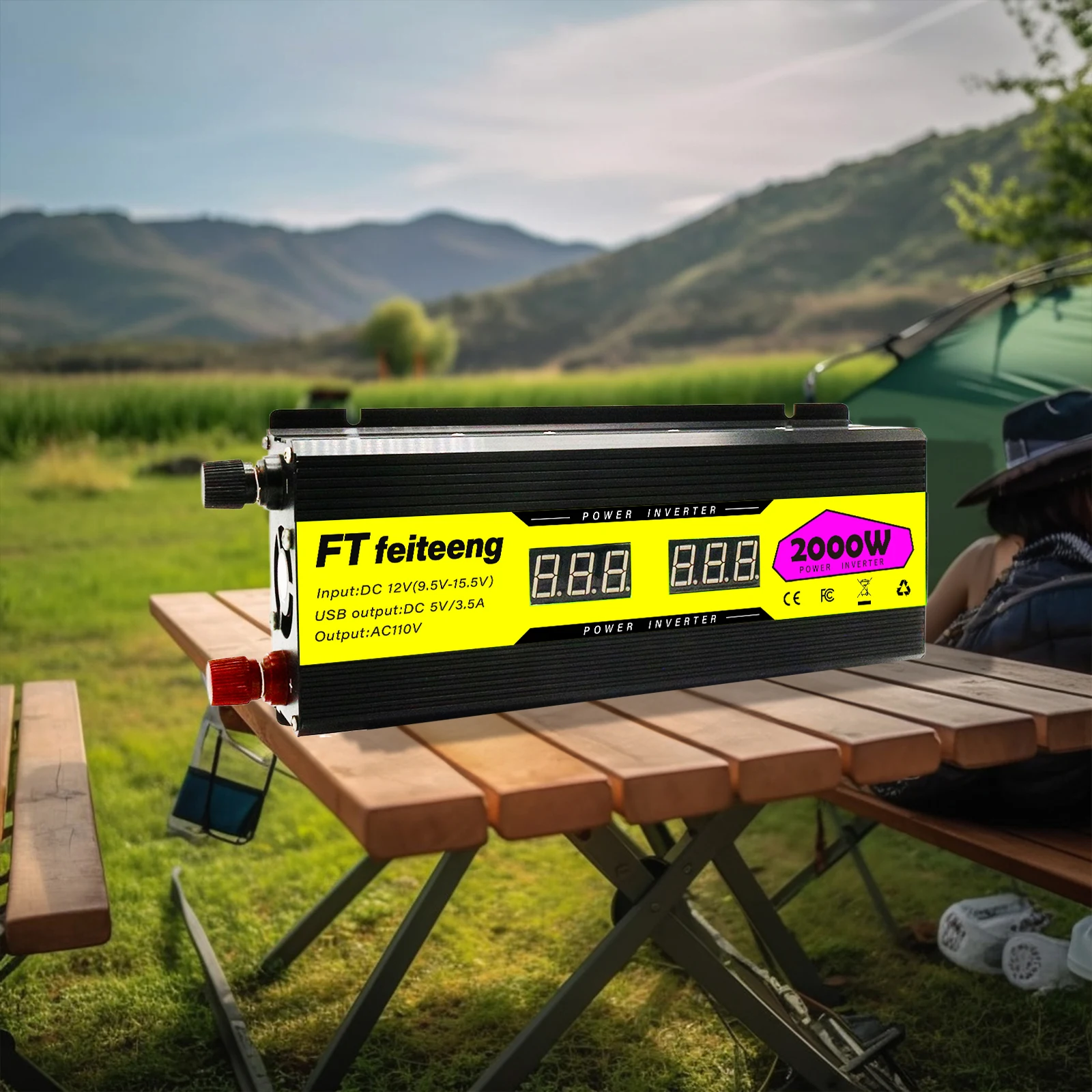 FT feiteeng 1000W 2000W Convertitore da 12V a 110V con display LED e 2 porte USB - per auto, camper e backup di emergenza