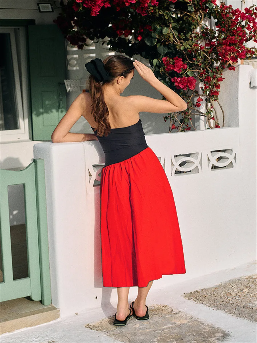 Women Summer Mini Party Dress Elegant Sleeveless Off Shoulder Strapless Contrast Color/Fish Print Tube Top Dresses for Cocktail