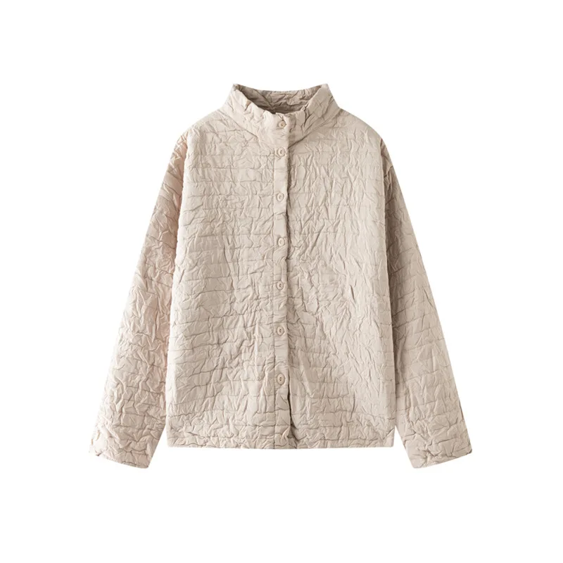 Kurtka bawełniana Miyake Design - jednolity kolor, prosty kołnierz stójka, zapinana na jeden guzik, luźna i uniwersalna, ciepła damska bluzka na zimę.