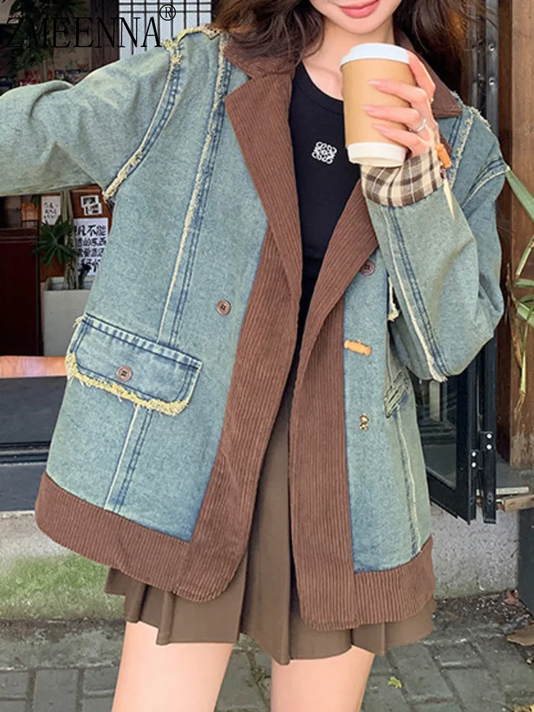 

ZMEENNA Women's Stylish Denim Blazer With Brown Corduroy Lapel And Frayed Details Unique And Casual Jacket ZM4144