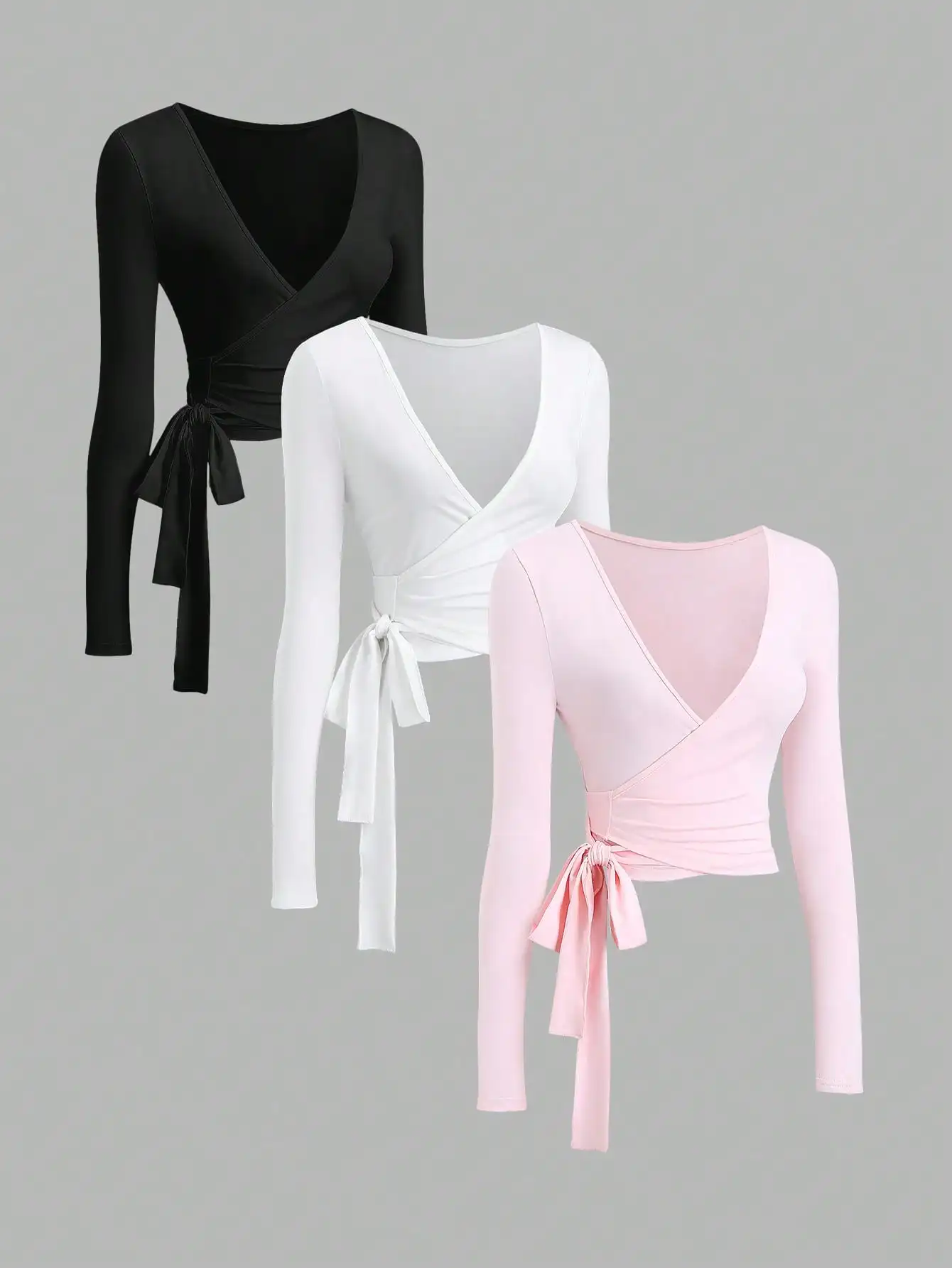 3-Piece Black White Wrap Top Set, Long Sleeve Cropped V-Neck Elastic, Minimalist Casual Summer Sportswear for Women