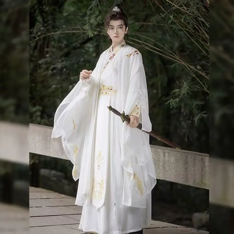

White Men's Hanfu Traditional Chinese Clothing Fairy Martial Cross Collar Embroidery Suit Halloween Royal Guards Cosplay Costume