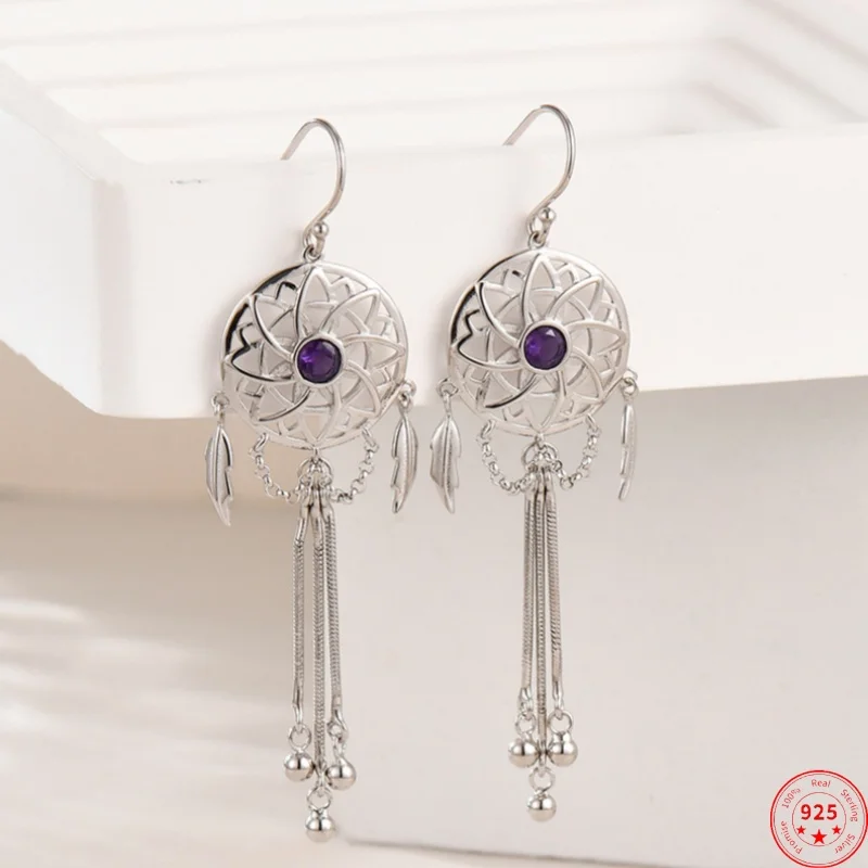 S925 Sterling Silver Charms Drop Earrings for Women Hollow Dreamcatcher Amethyst Long Tassel Ear Drop Jewelry